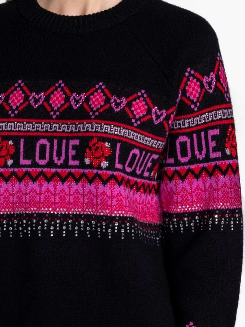Johnny Was Black & Pink 'LOVE' Fairisle Pullover Wool and Cashmere Sweater